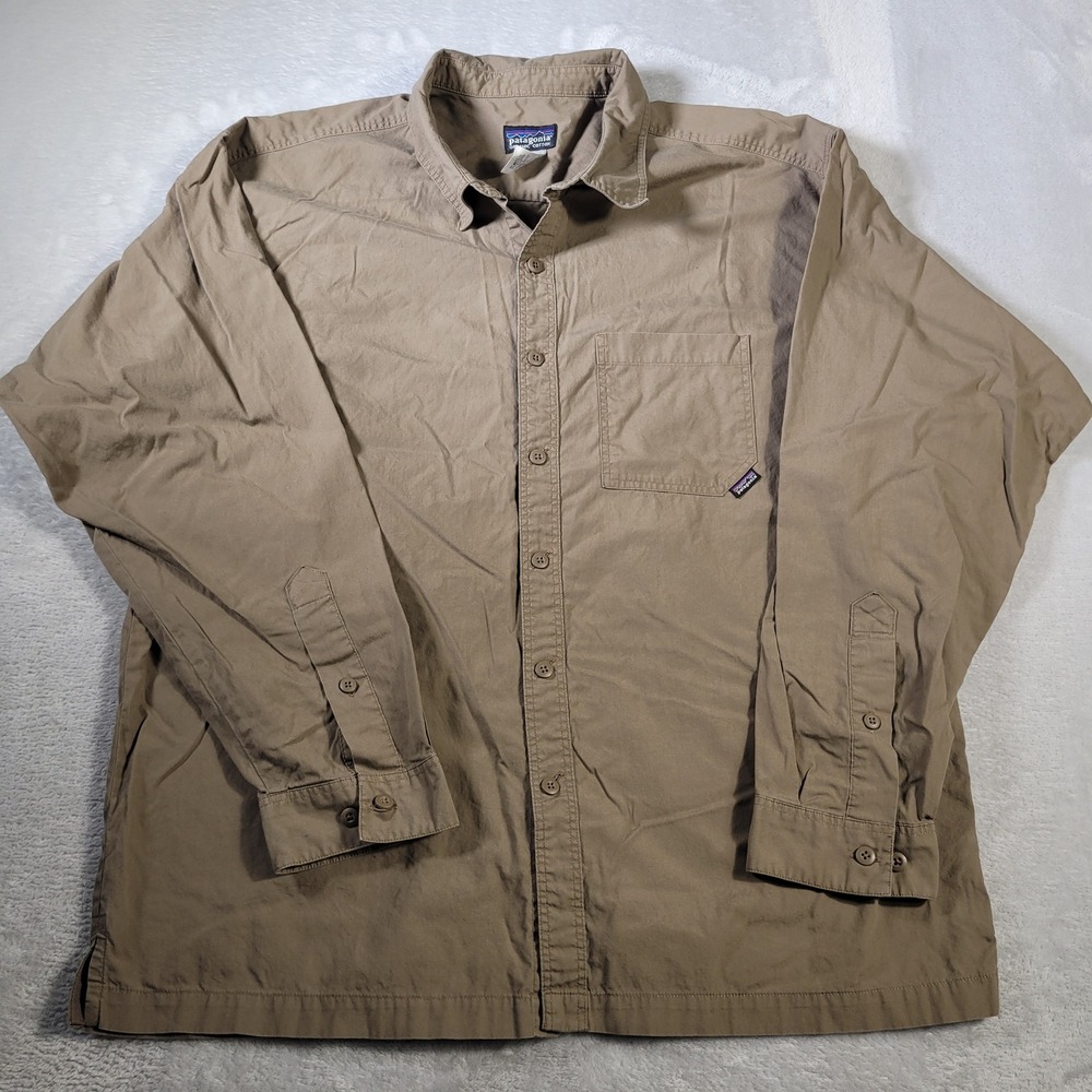 Patagonia Button Down Shirt Mens Large Khaki Tan Organic Cotton Long Sleeve